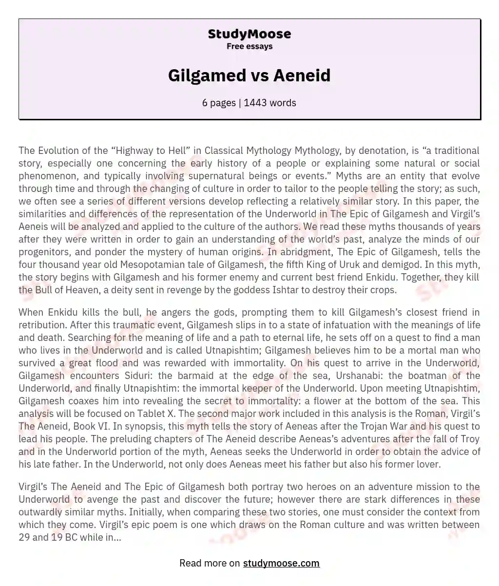 Journeys to the Underworld: A Comparative Analysis of Gilgamesh and Aeneas essay