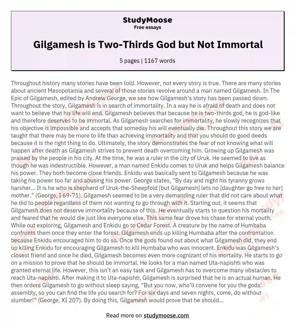 Gilgamesh is Two-Thirds God but Not Immortal essay