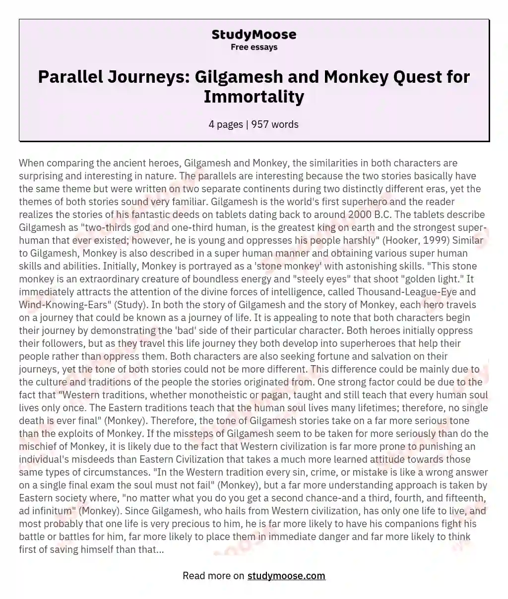 Parallel Journeys: Gilgamesh and Monkey Quest for Immortality essay