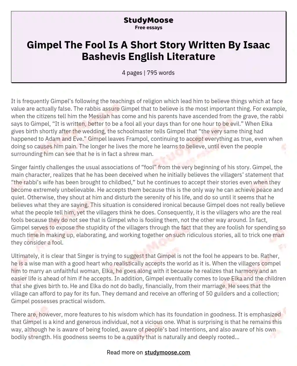 Gimpel The Fool Is A Short Story Written By Isaac Bashevis English Literature essay