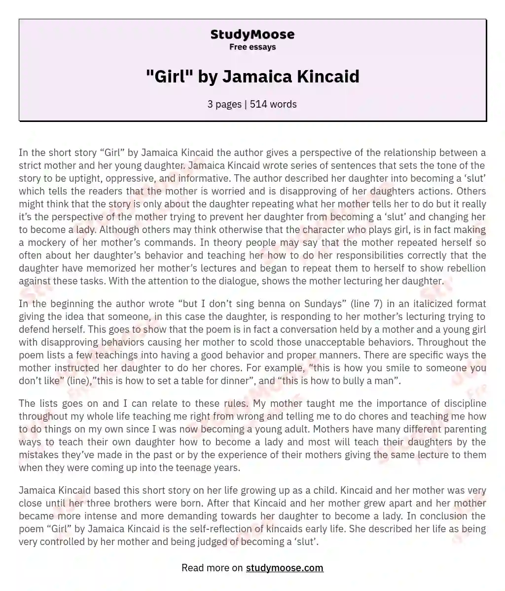 Girl By Jamaica Kincaid Research Paper Example Free Essay