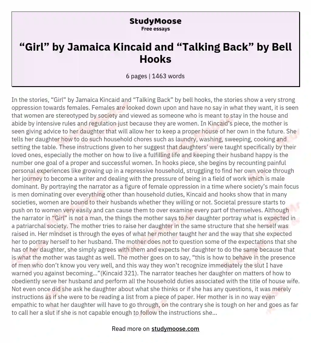 “Girl” by Jamaica Kincaid and “Talking Back” by Bell Hooks essay