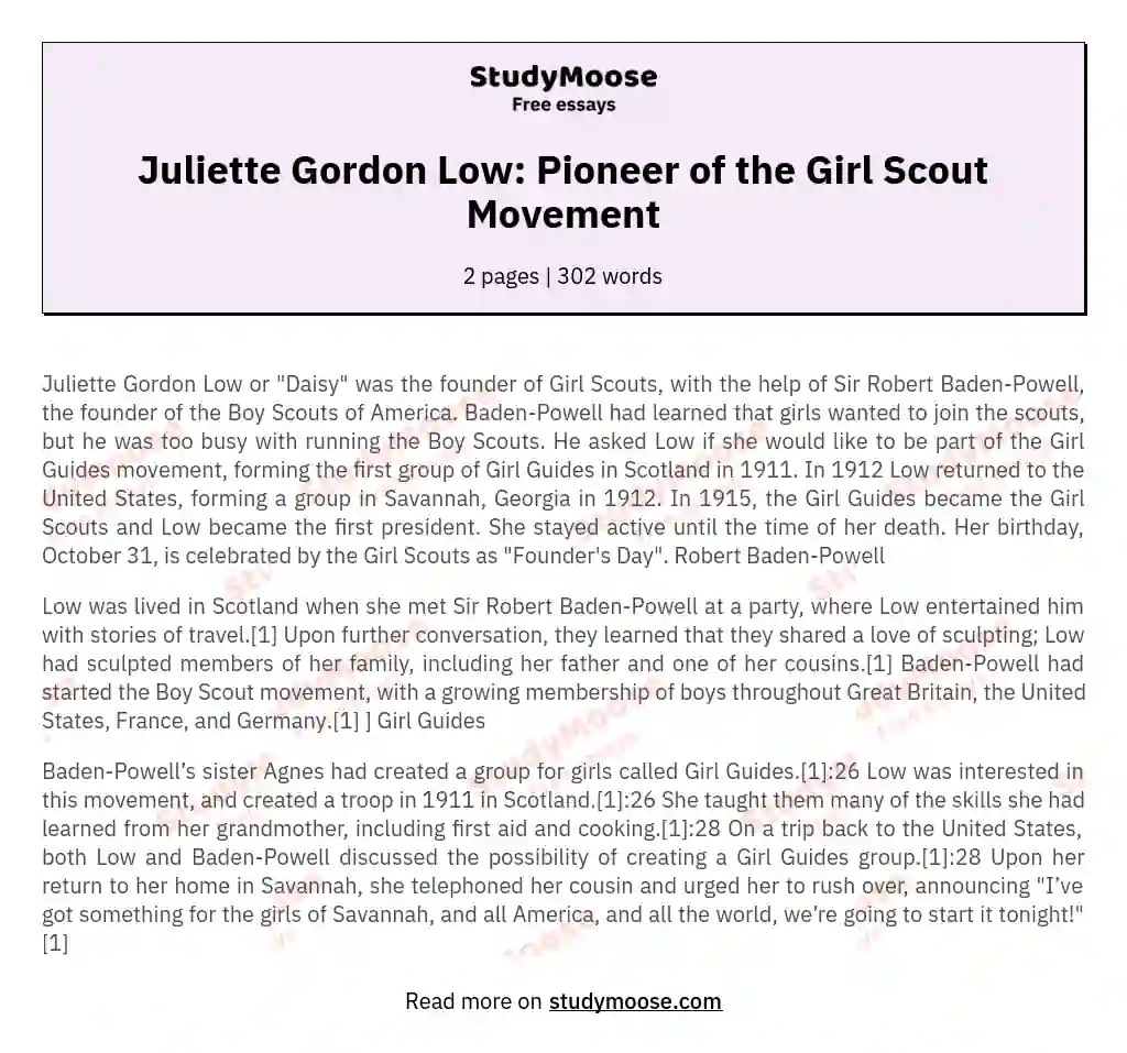 Juliette Gordon Low: Pioneer of the Girl Scout Movement essay