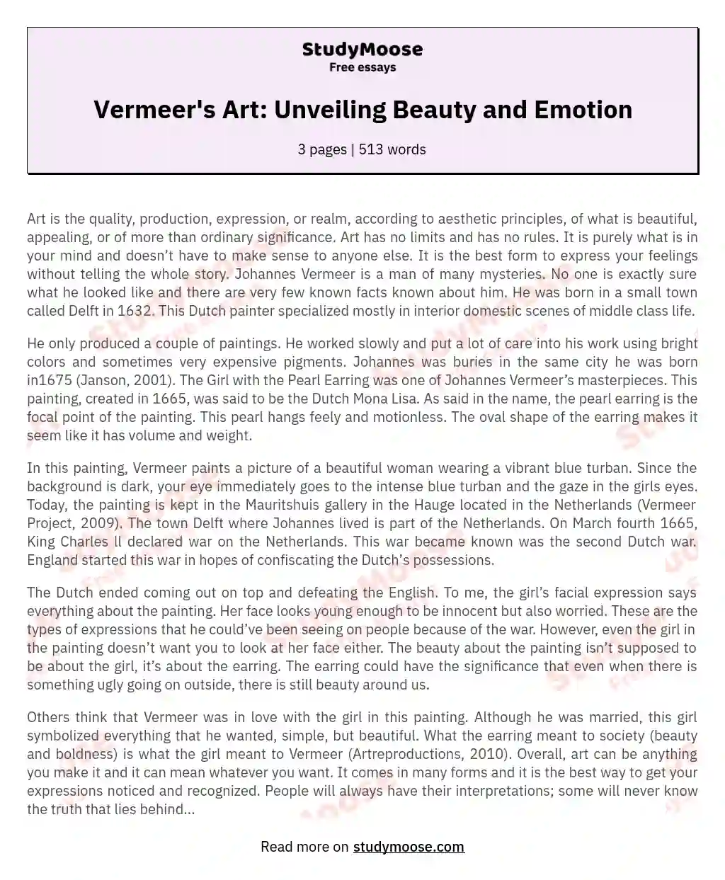 Vermeer's Art: Unveiling Beauty and Emotion essay