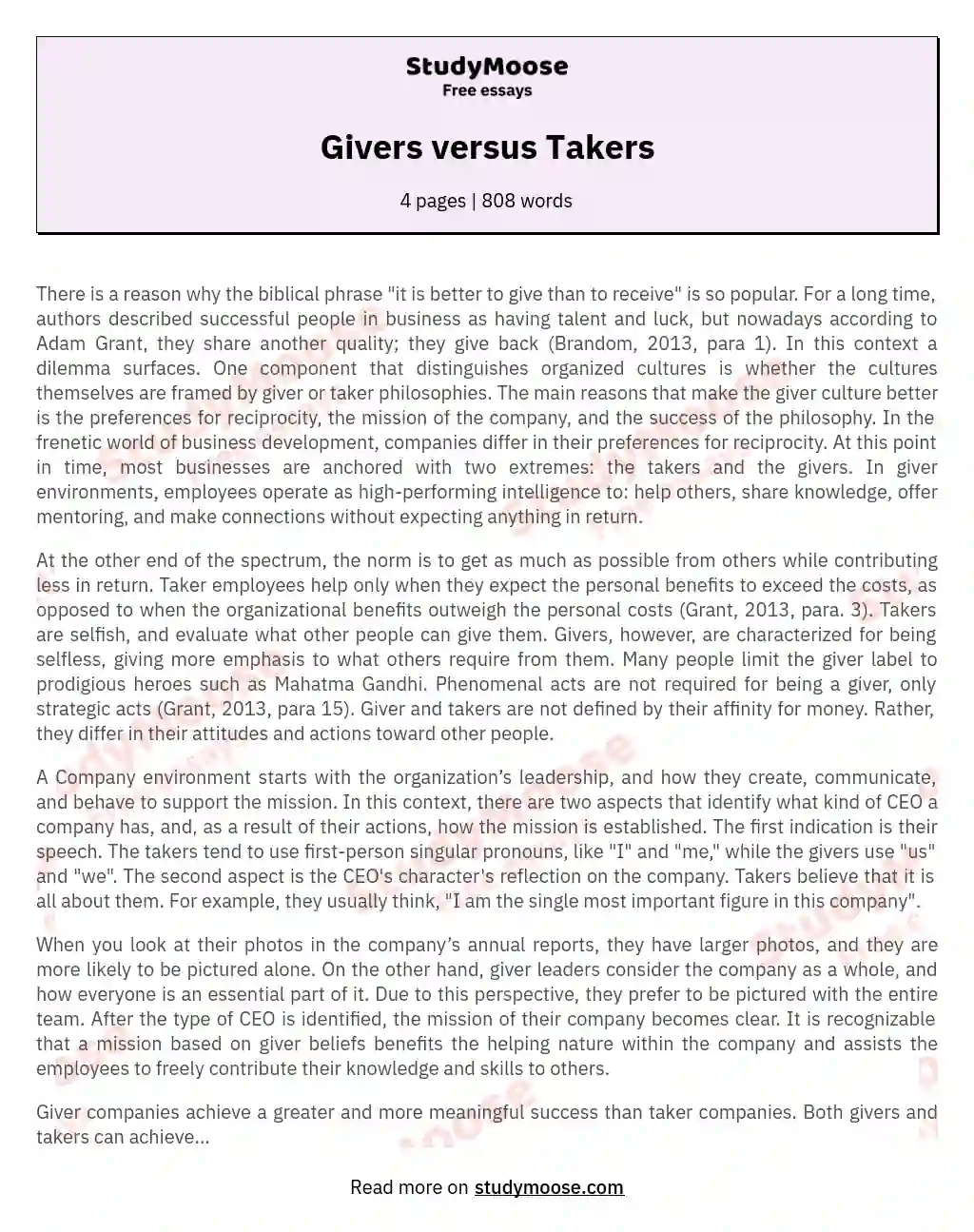 Givers vs. Takers: The Dynamics of Business Interaction essay