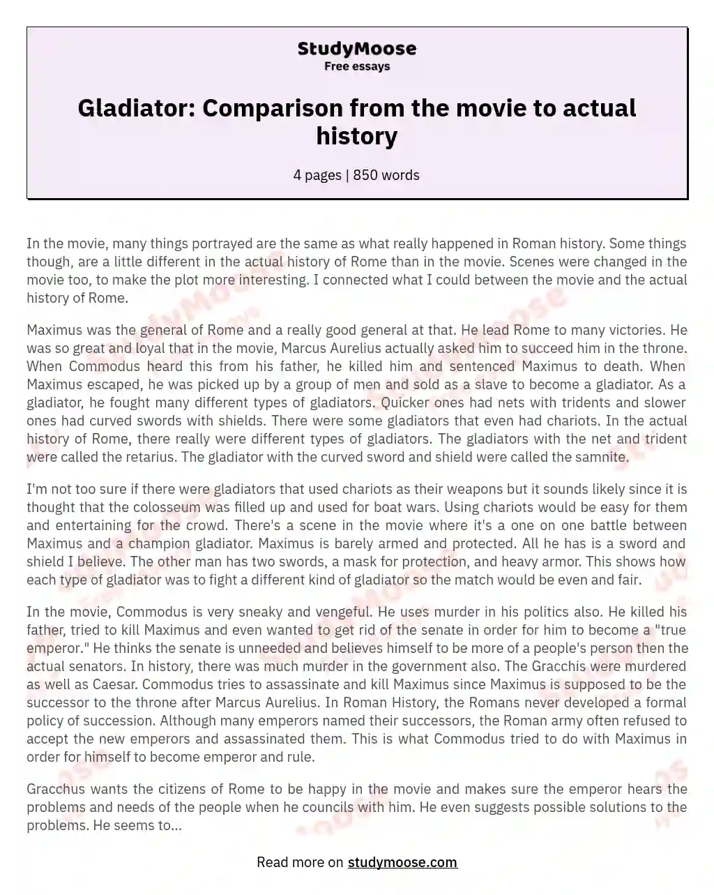 Gladiator: Comparison from the movie to actual history essay