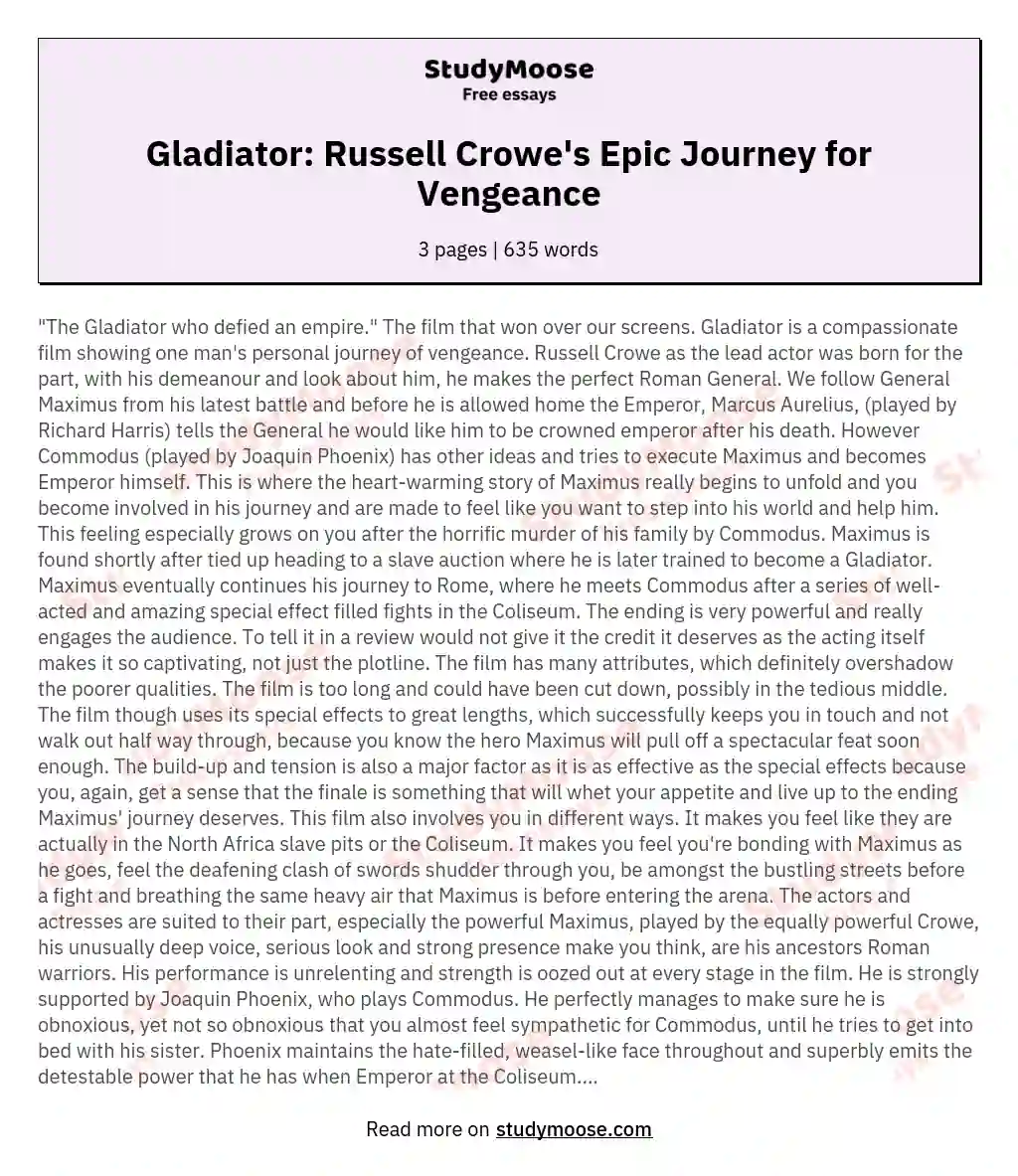 Gladiator: Russell Crowe's Epic Journey for Vengeance essay