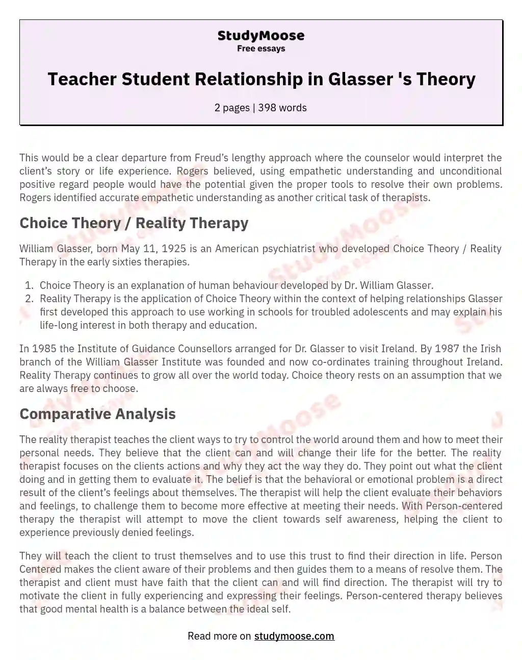 Teacher Student Relationship in Glasser 's Theory essay
