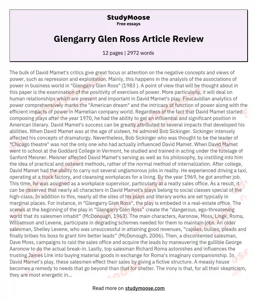 Glengarry Glen Ross Article Review essay