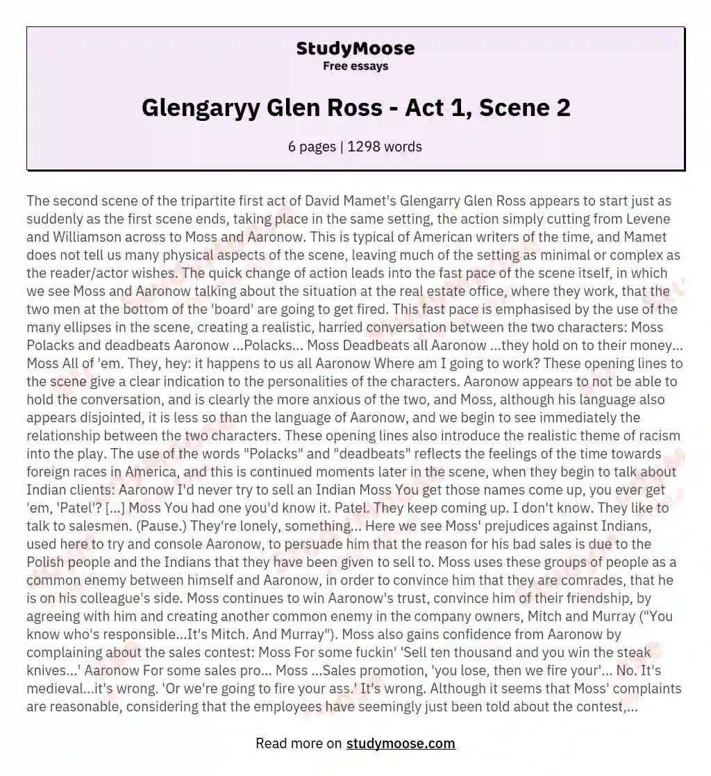 Glengaryy Glen Ross - Act 1, Scene 2 essay