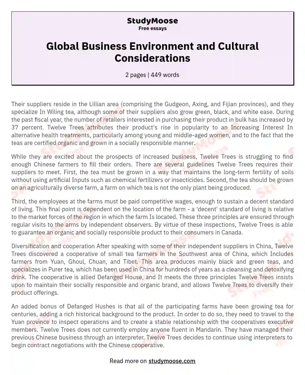 Global Business Environment and Cultural Considerations