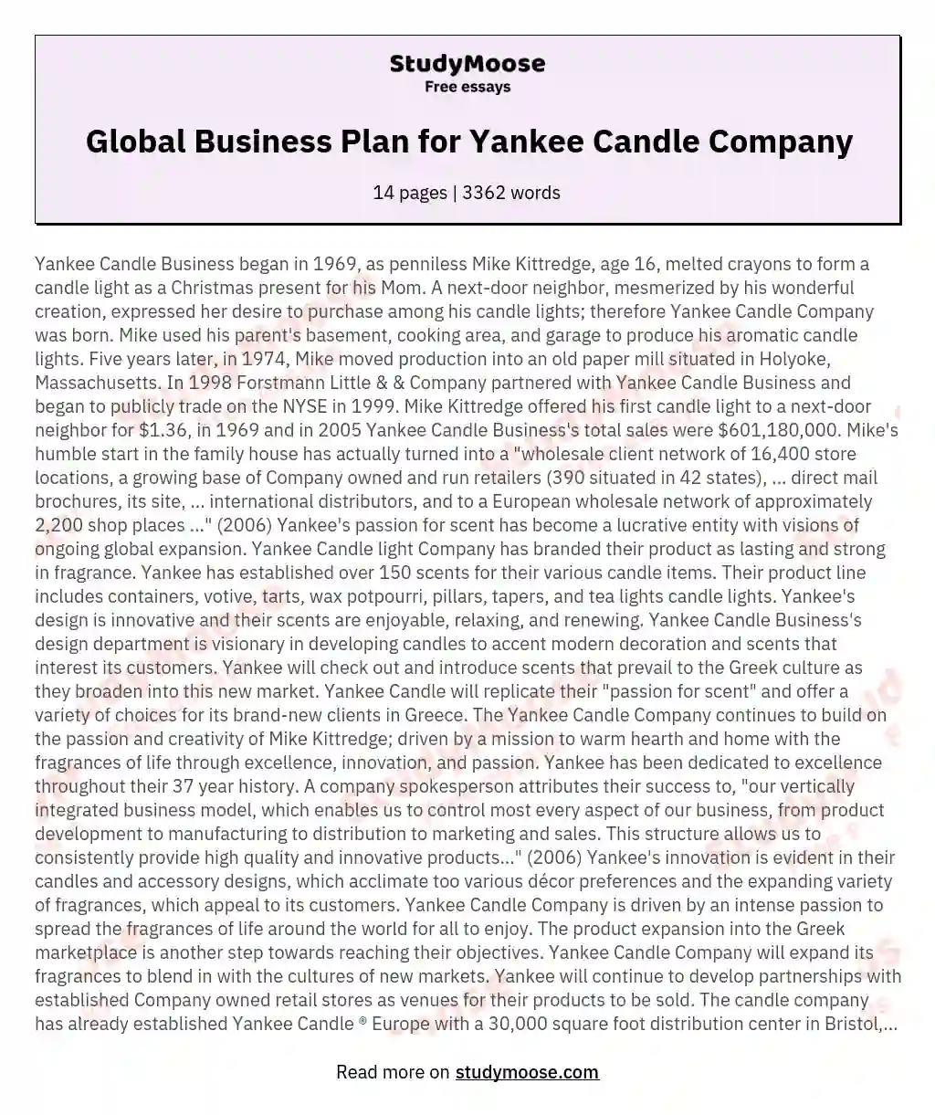 Global Business Plan for Yankee Candle Company essay
