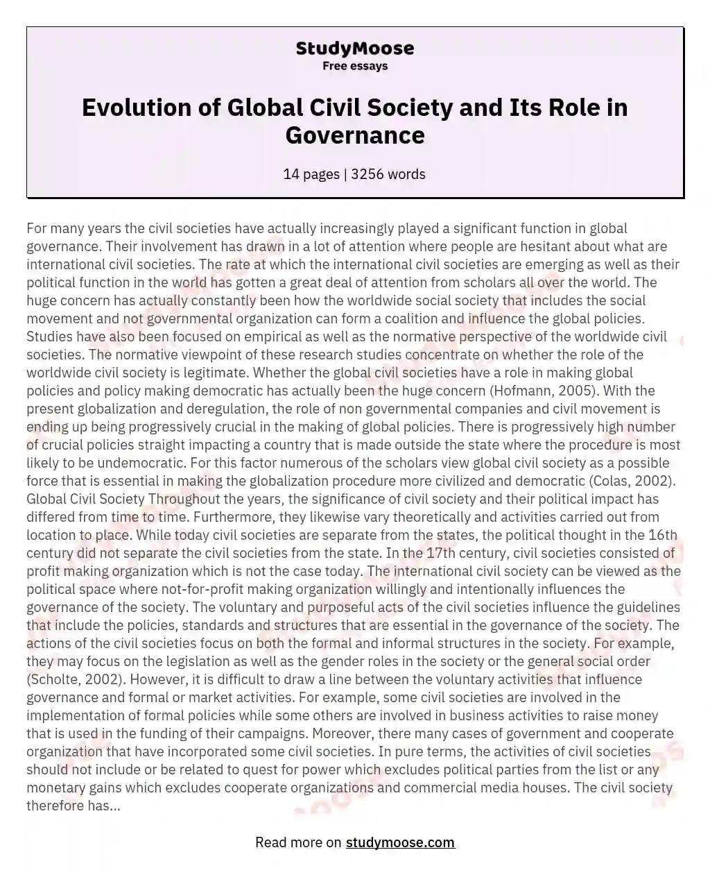 Evolution of Global Civil Society and Its Role in Governance essay