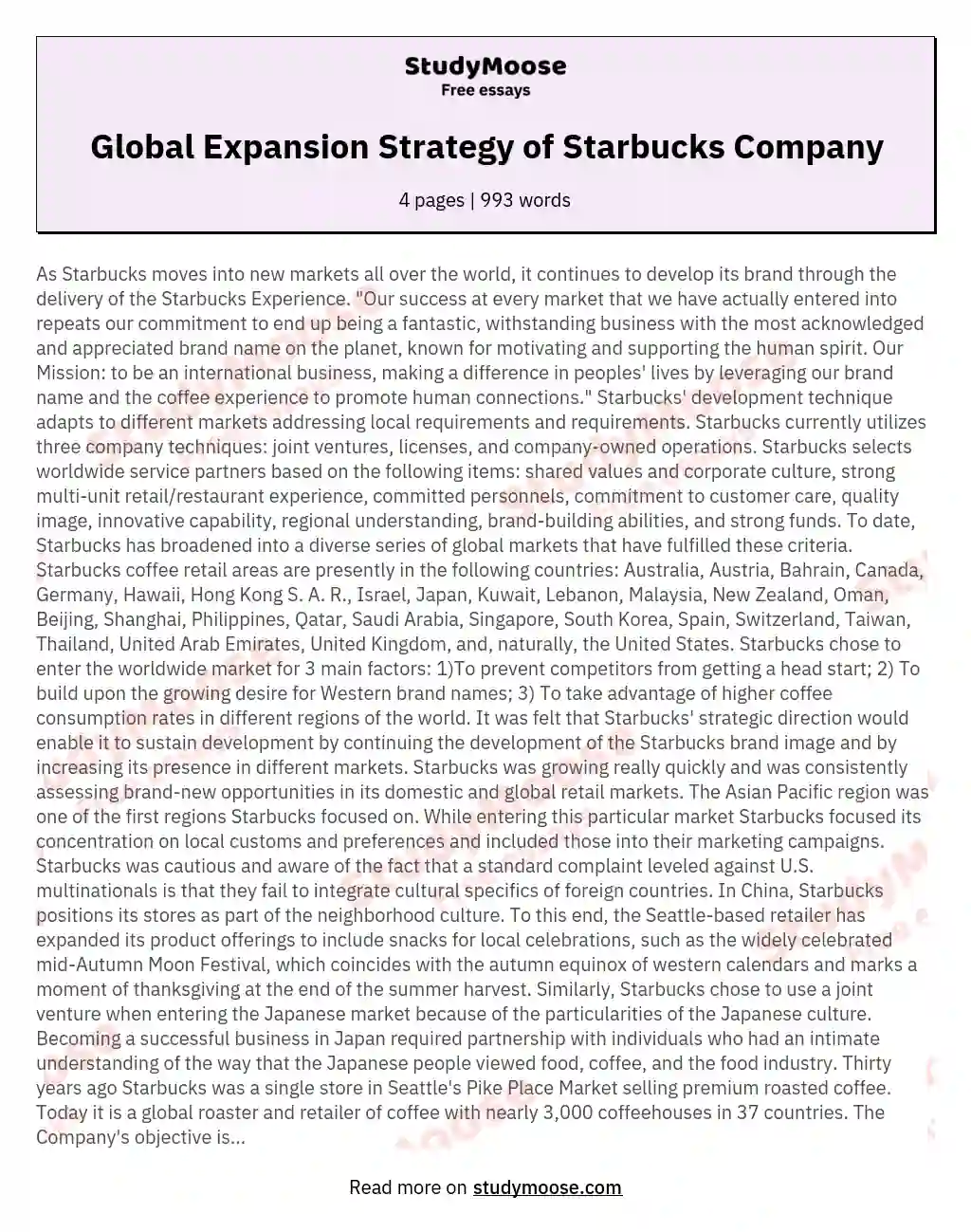 Global Expansion Strategy of Starbucks Company
