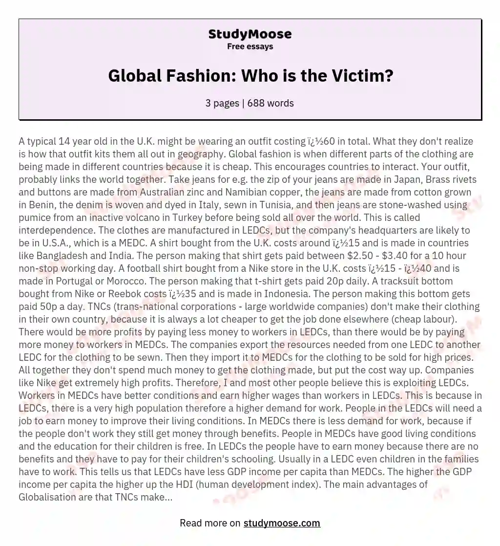 Global Fashion: Who is the Victim? essay