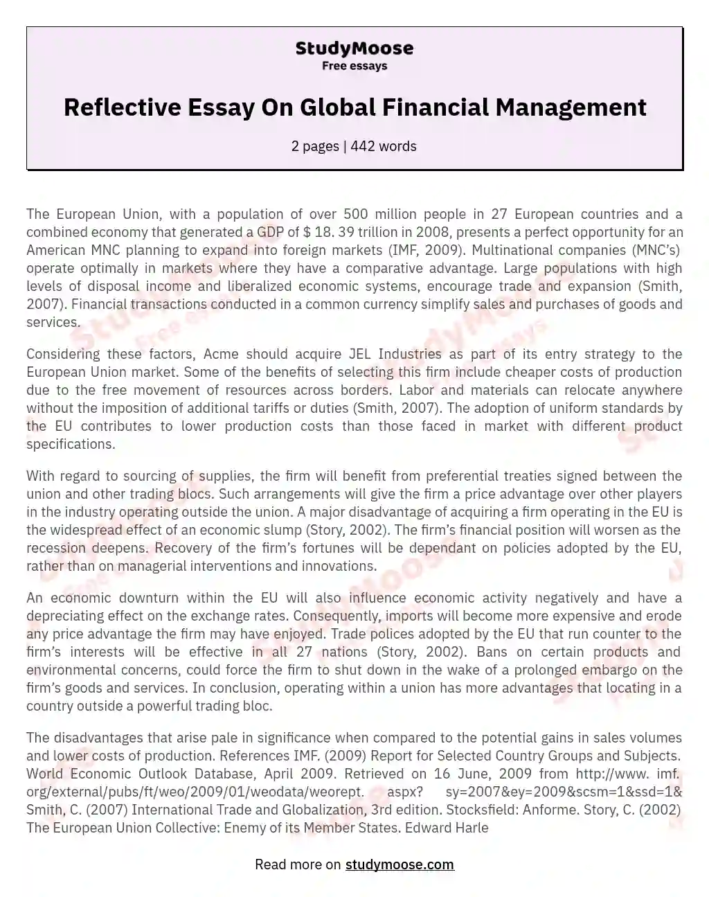 Reflective Essay On Global Financial Management essay