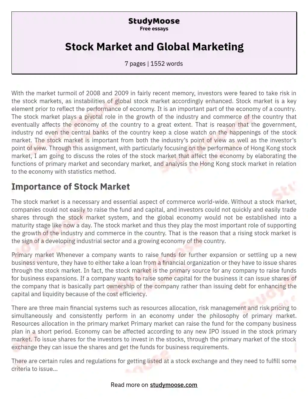 Stock Market and Global Marketing essay
