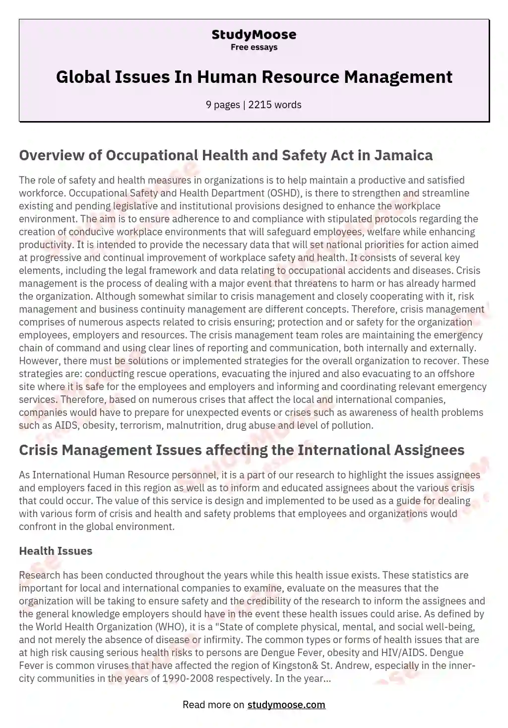 Global Issues In Human Resource Management essay