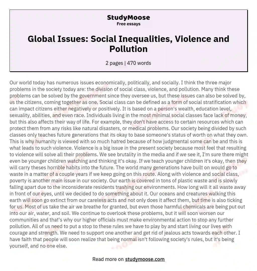 Global Issues: Social Inequalities, Violence and Pollution essay