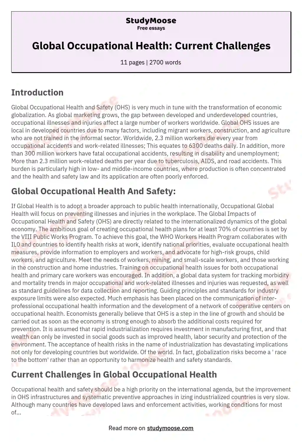 Global Occupational Health: Current Challenges essay