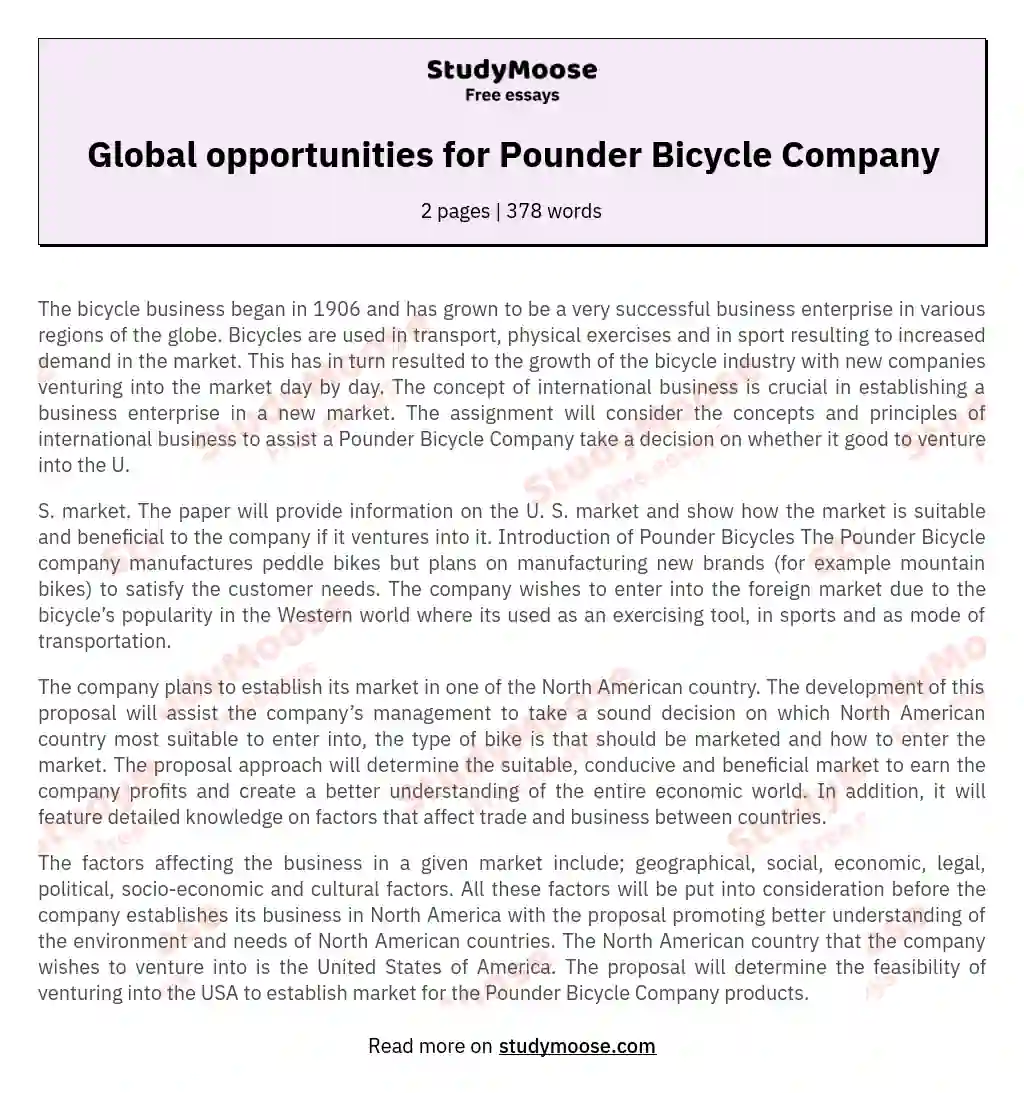 Global opportunities for Pounder Bicycle Company essay