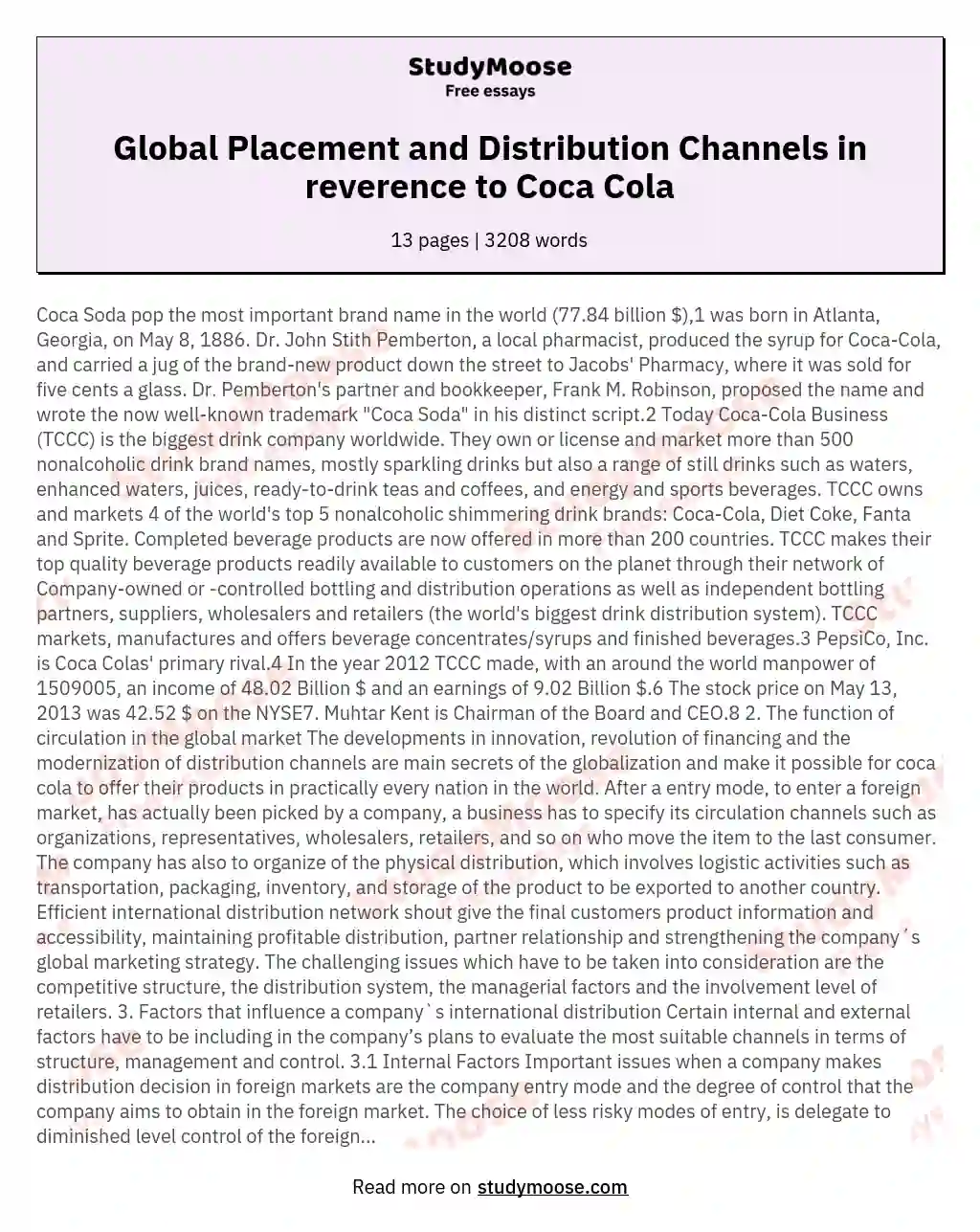 Global Placement and Distribution Channels in reverence to Coca Cola essay