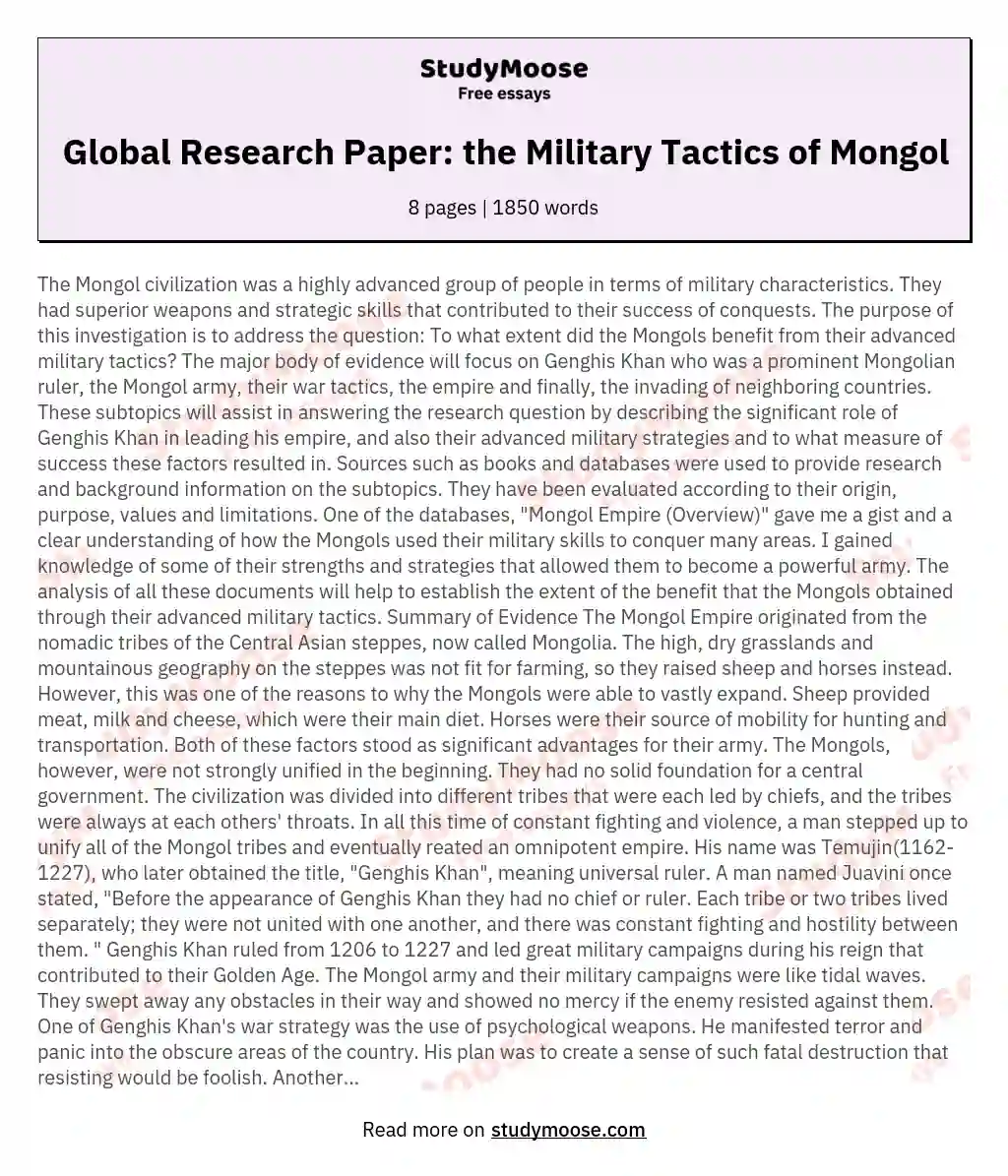 Global Research Paper: the Military Tactics of Mongol essay