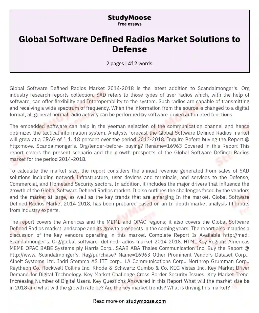 Global Software Defined Radios Market Solutions to Defense essay
