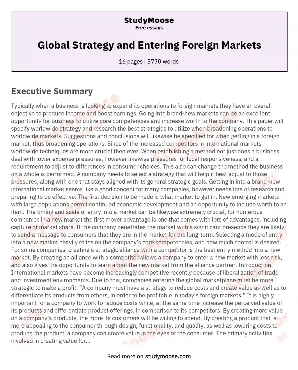 Global Strategy and Entering Foreign Markets essay