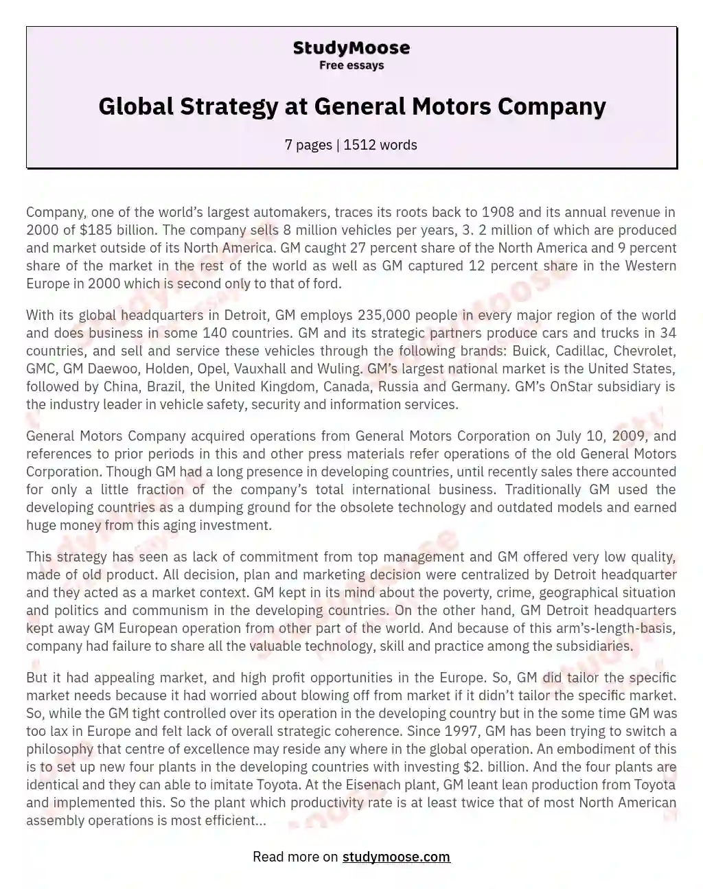 Global Strategy at General Motors Company