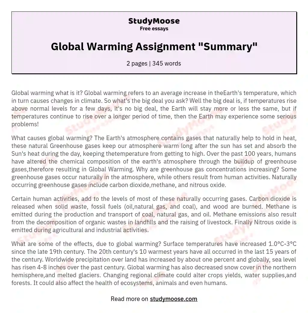Global Warming Assignment "Summary" essay