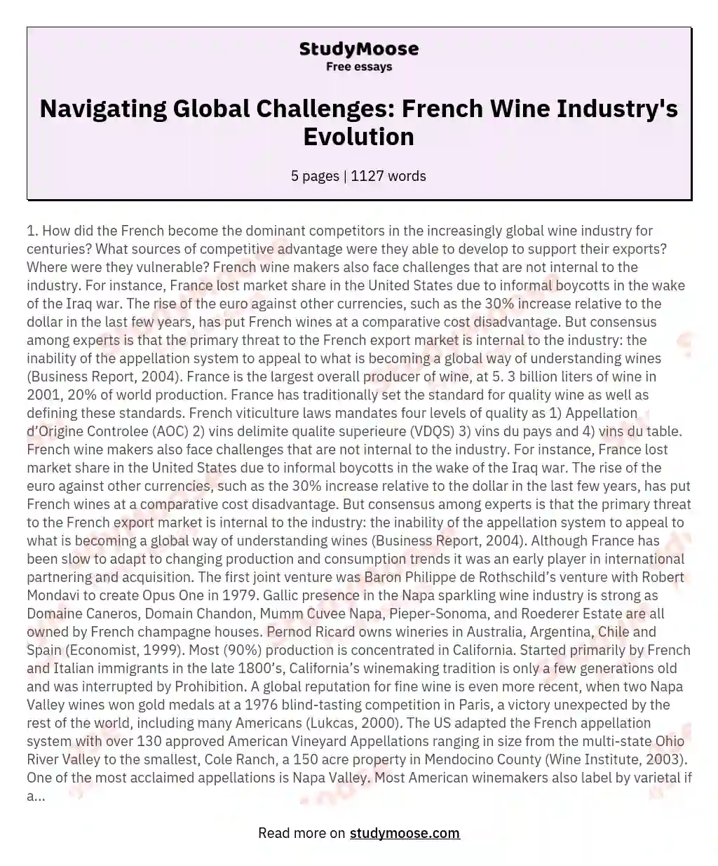 Navigating Global Challenges: French Wine Industry's Evolution essay