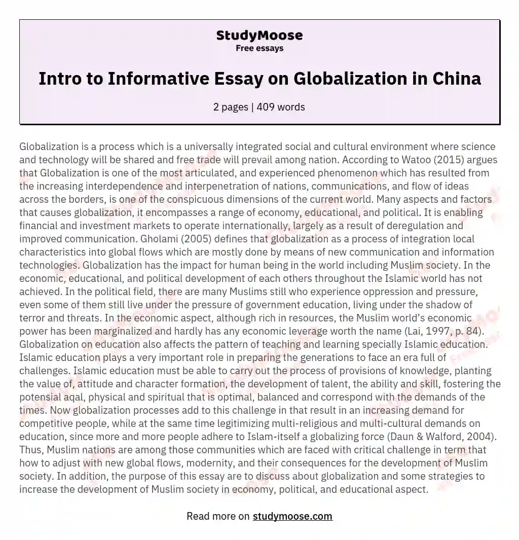 Intro to Informative Essay on Globalization in China essay