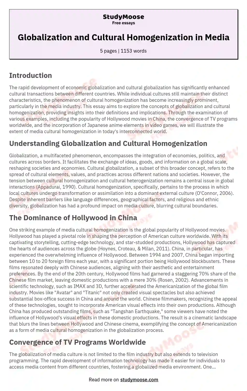 Globalization and Cultural Homogenization in Media essay