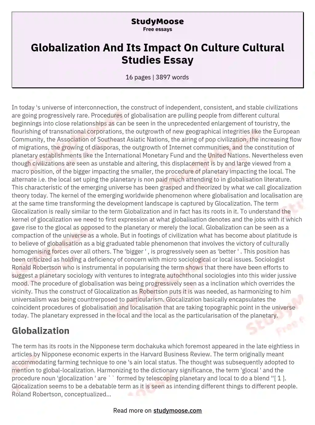 Globalization And Its Impact On Culture Cultural Studies Essay essay