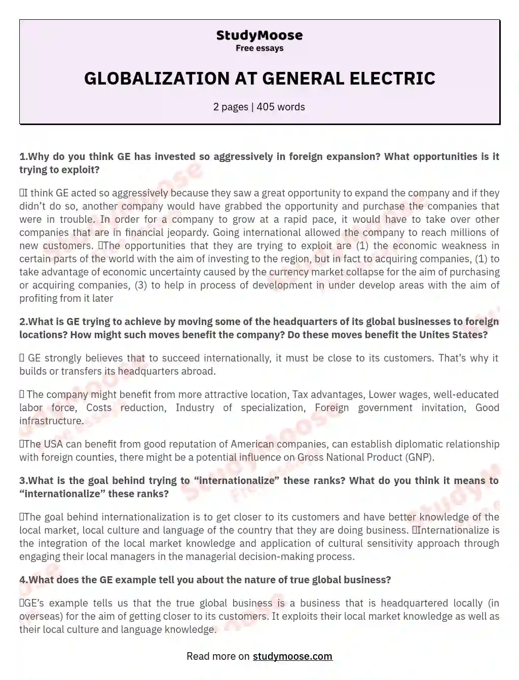 GLOBALIZATION AT GENERAL ELECTRIC essay