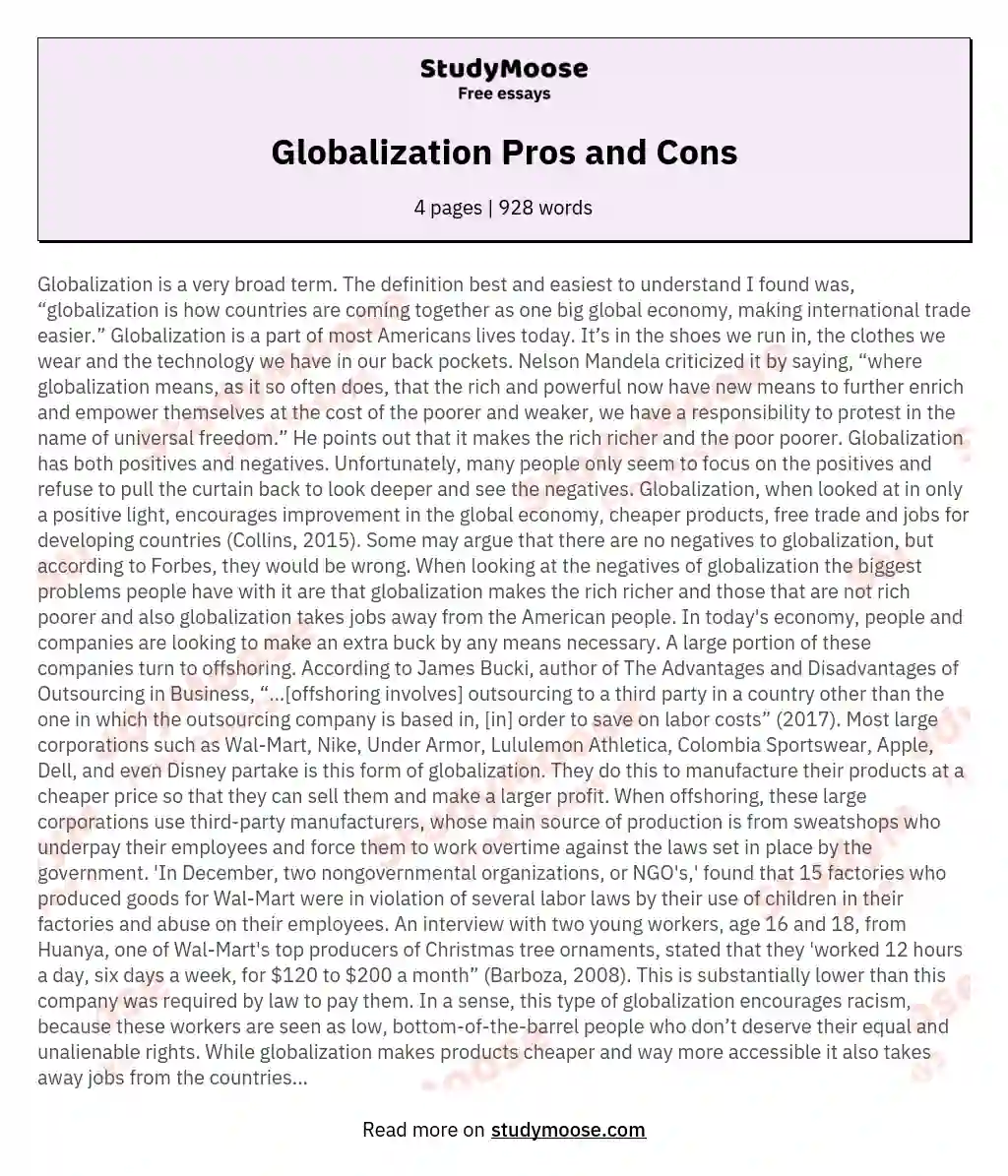 globalization essay pros and cons