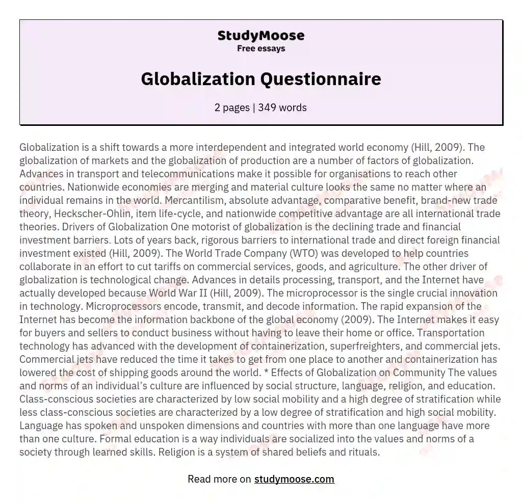 Globalization Questionnaire essay