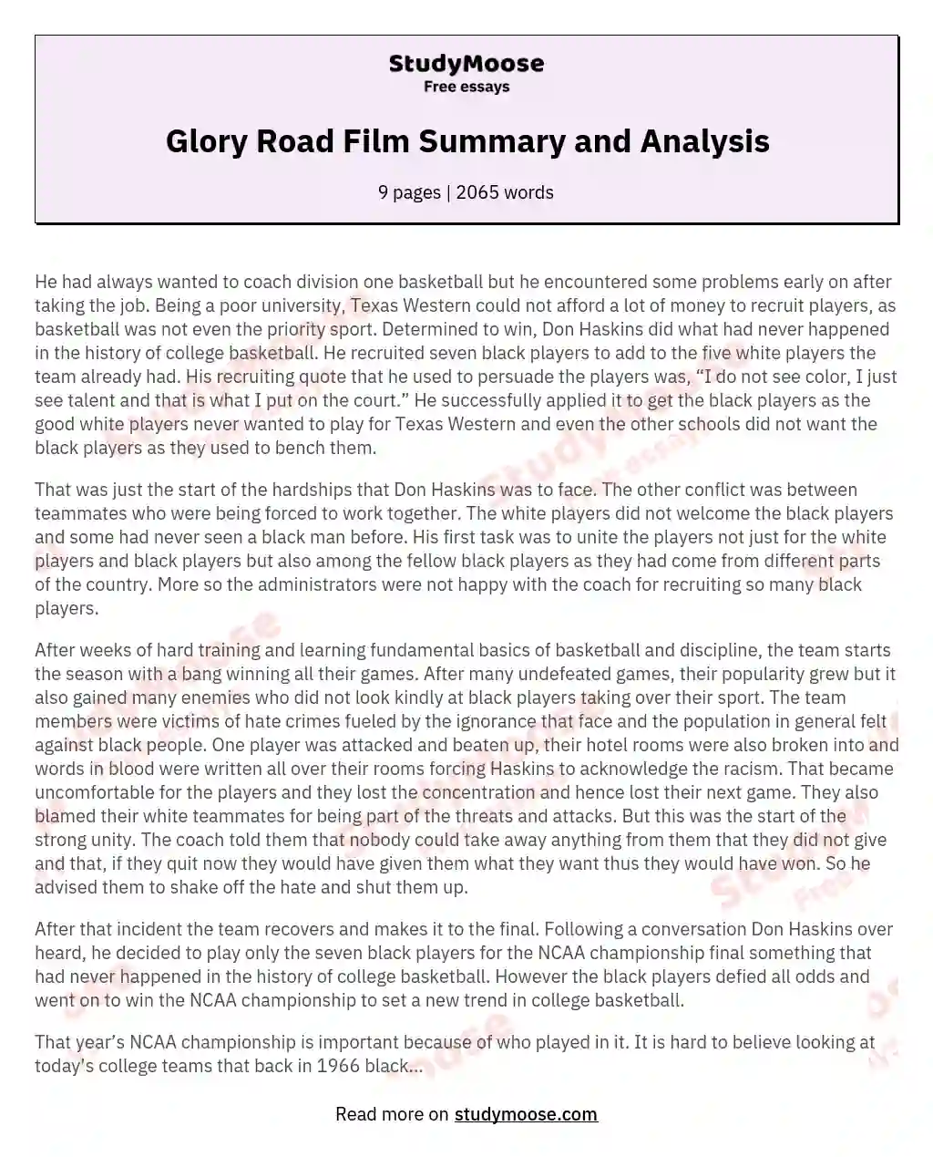 Glory Road Film Summary and Analysis essay