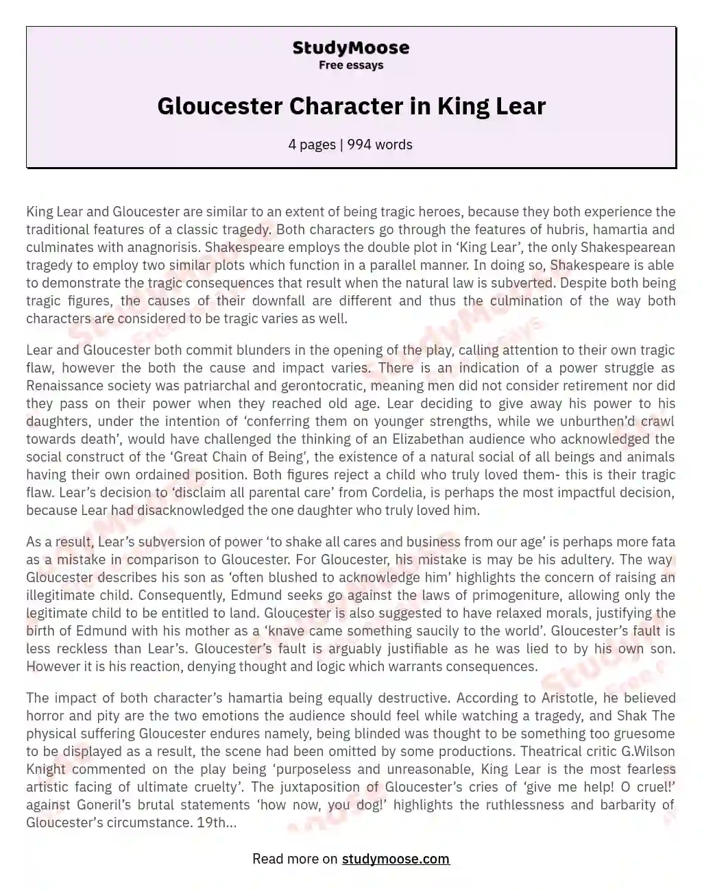 Gloucester Character in King Lear essay