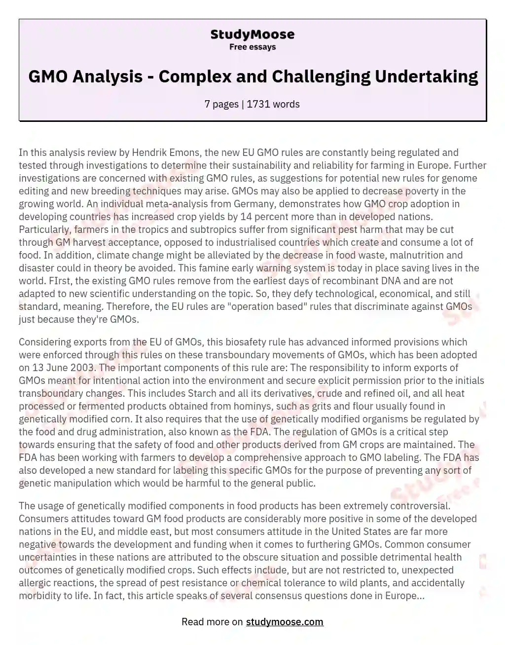 GMO Analysis - Complex and Challenging Undertaking essay