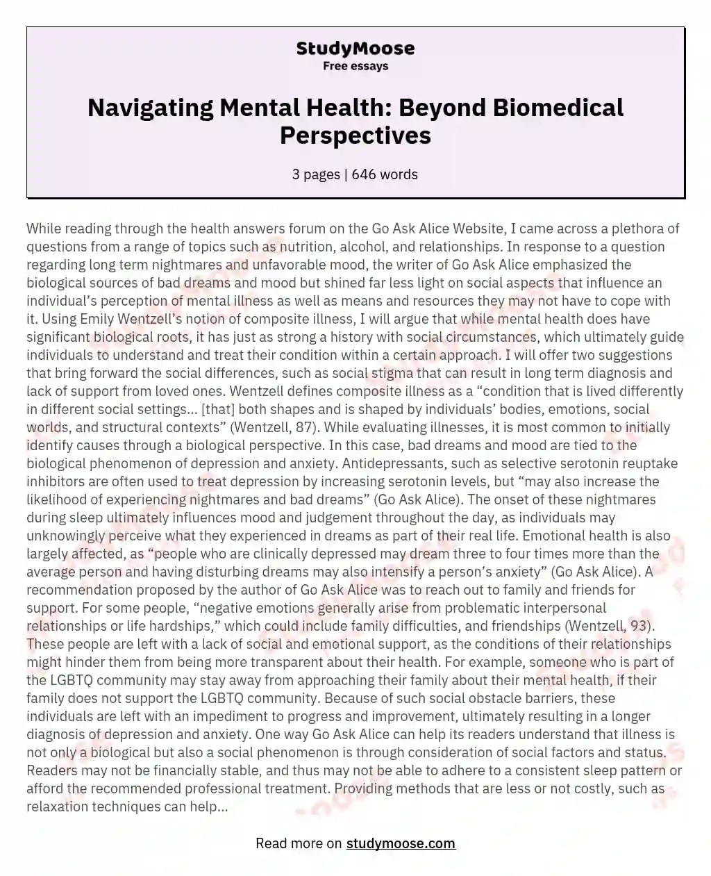 Navigating Mental Health: Beyond Biomedical Perspectives essay