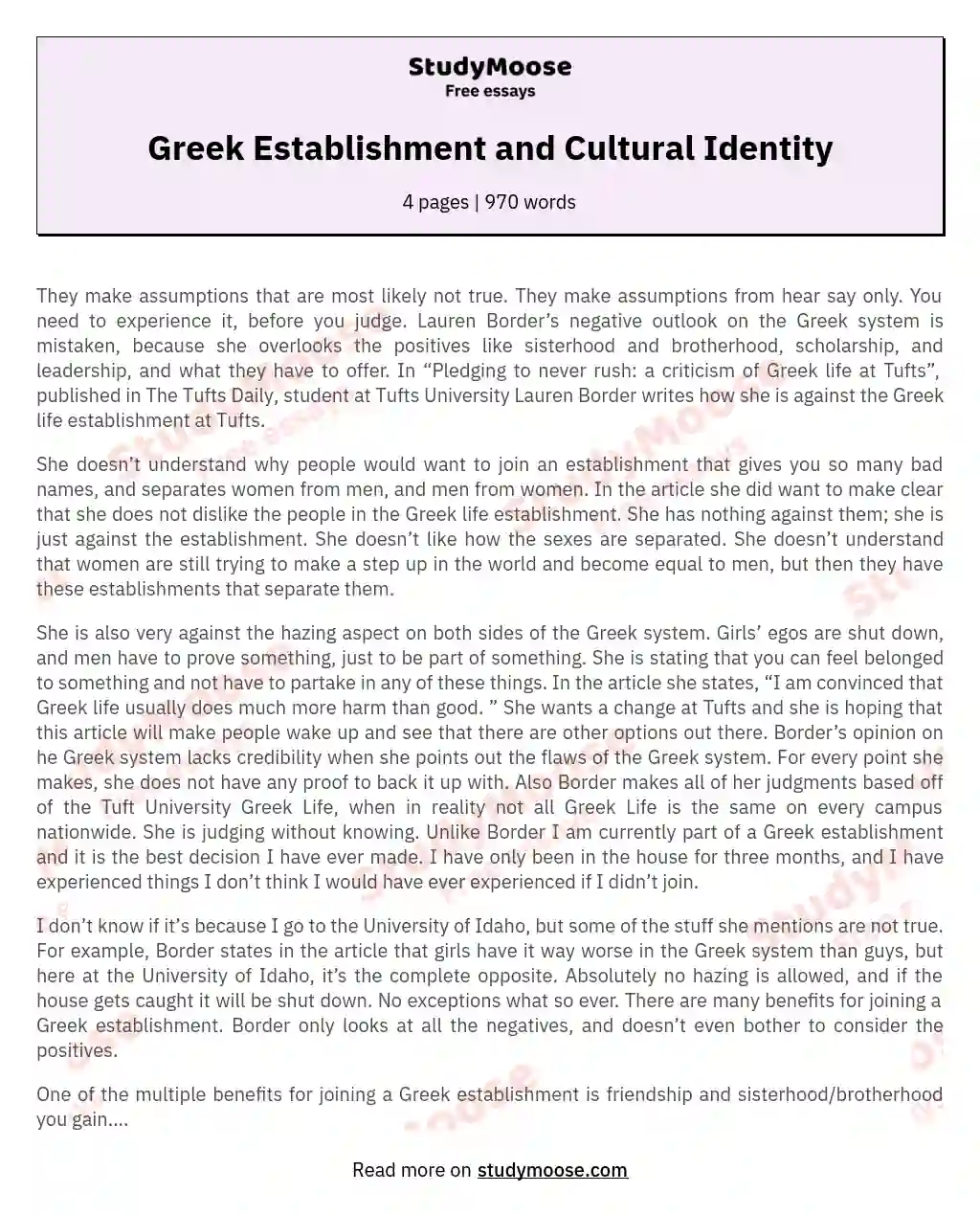 Greek Establishment and Cultural Identity essay