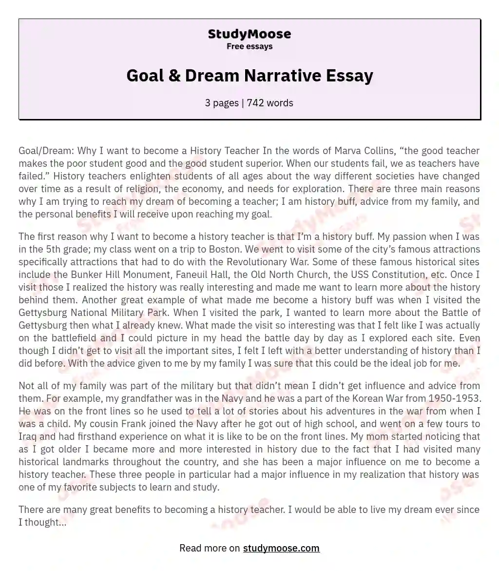 Goal &amp; Dream Narrative Essay essay