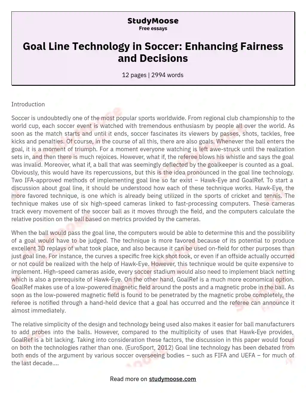 Goal Line Technology in Soccer: Enhancing Fairness and Decisions essay