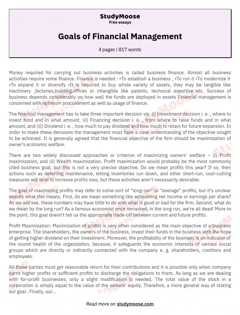 reflection essay about financial management