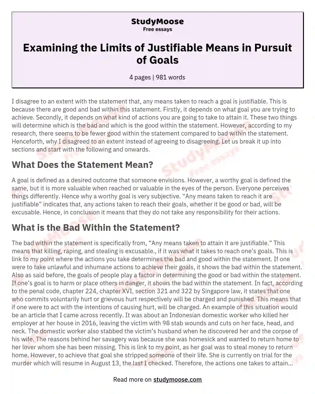 Examining the Limits of Justifiable Means in Pursuit of Goals essay