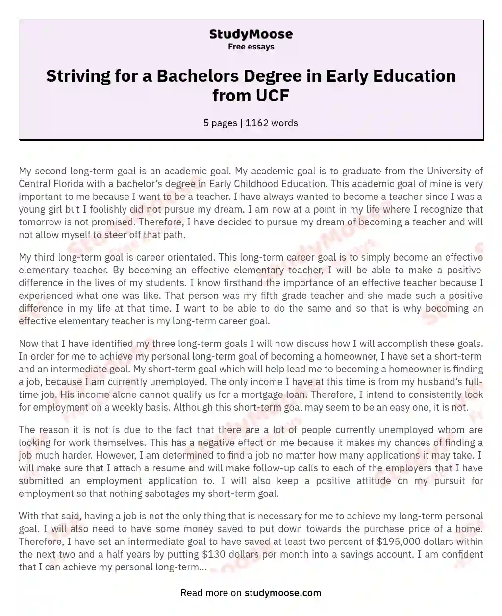 Striving for a Bachelors Degree in Early Education from UCF essay