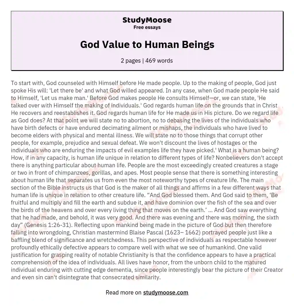 God Value to Human Beings essay