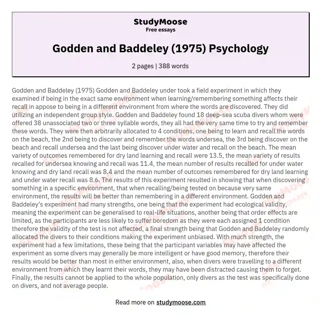 Godden and Baddeley (1975) Psychology essay